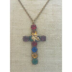 Colorful Rhinestone Decorated Cross Pendant Necklace Christian Estate Jewelry